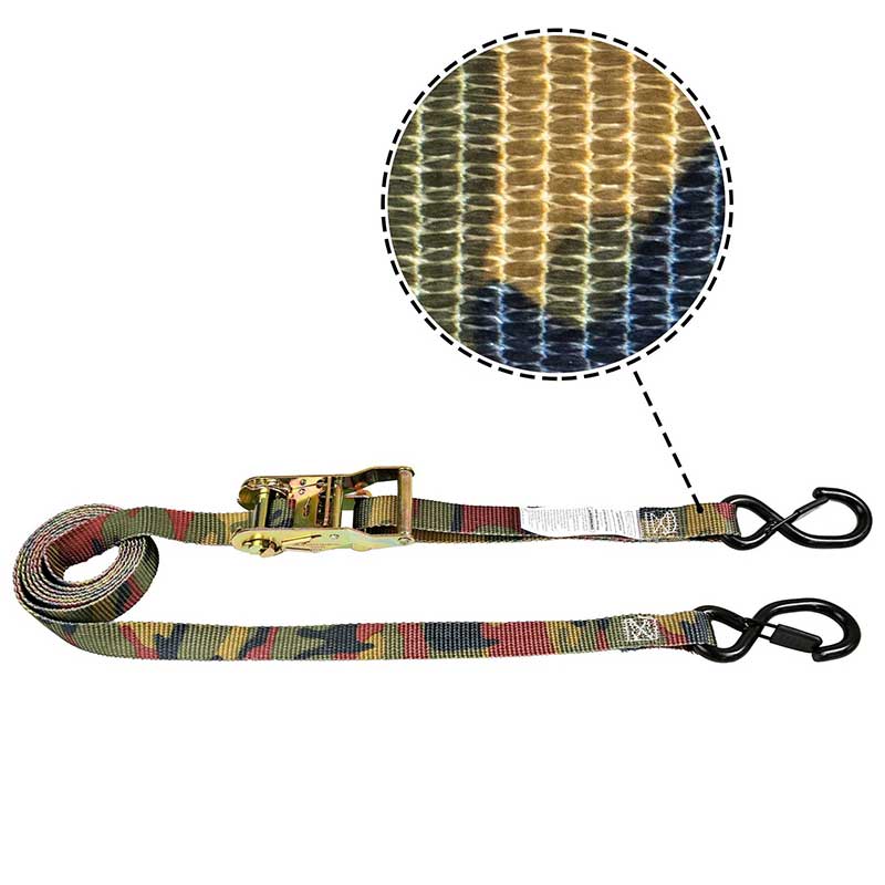 1'' X 8' Camouflage Iron Handle Ratchet Strap na may Vinyl-Coated S-Hook at Keeper