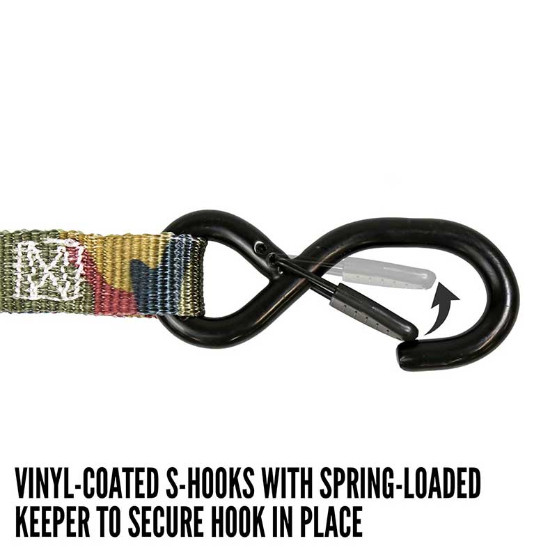 1'' X 8' Camouflage Iron Handle Ratchet Strap na may Vinyl-Coated S-Hook at Keeper