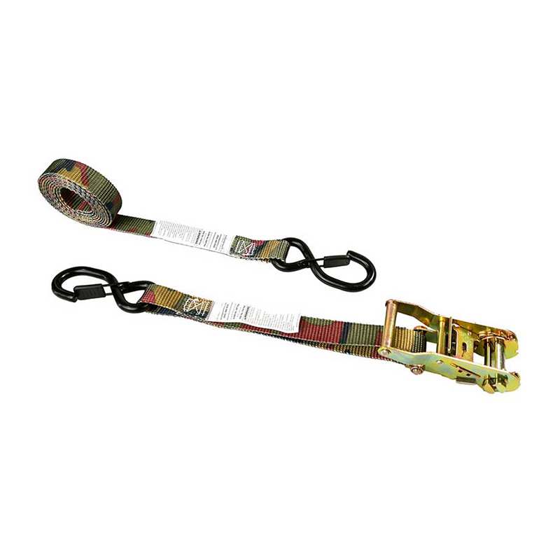 1'' X 8' Camouflage Iron Handle Ratchet Strap na may Vinyl-Coated S-Hook at Keeper